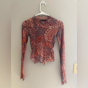 Urban Outfitters Long Sleeve Mock Neck Sheer Mesh Top Woman’s SZ XS Floral Crop